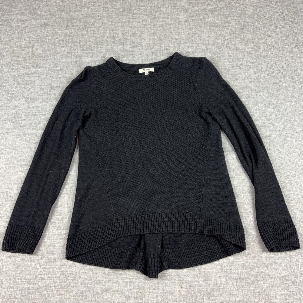 Madewell Sweater Womens XS Black Waffle-Knit Crew Neck Zipper Back Pullover